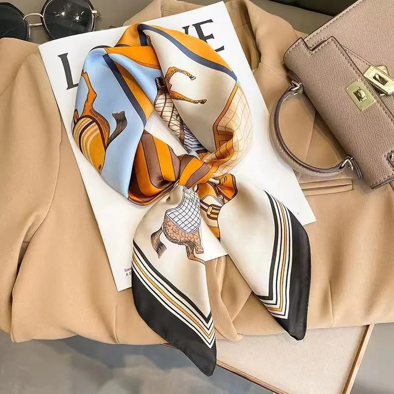 Luxury Fashion Print 70*70cm Silk Square Scarf Women Soft Satin Hairband Neckerchief Tie Female Headband Foulard Bag Ribbon image 3