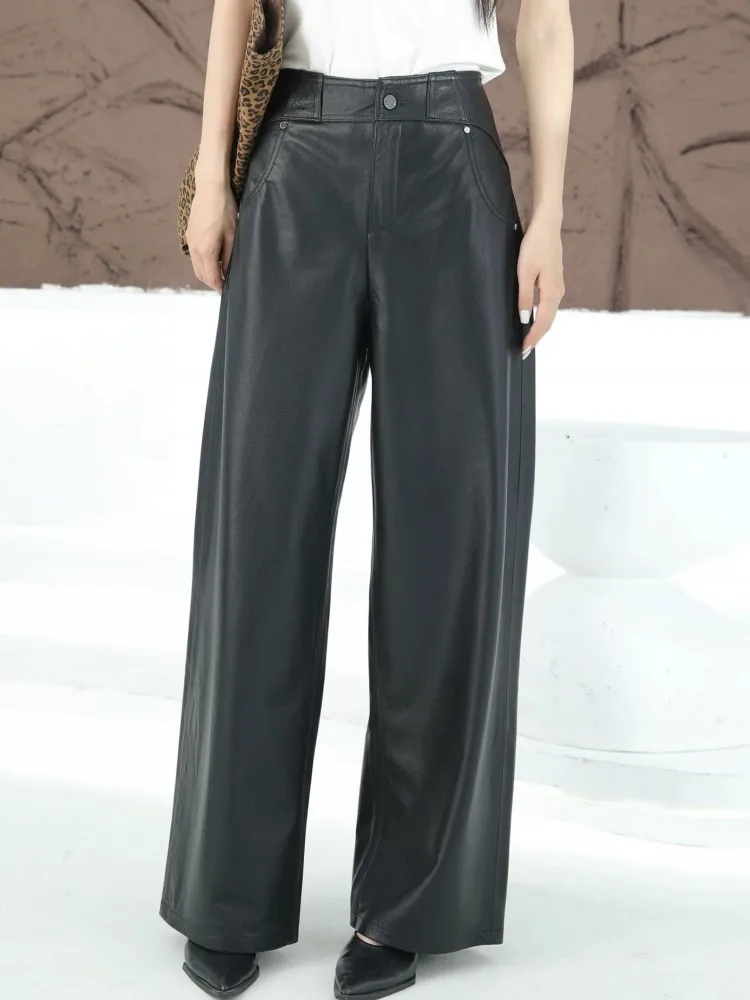 Fashion Women High Waist Loose Fit Wide Leg Pants Autumn Office Ladies Work Pants Real Sheepskin Genuine Leather Long Trousers