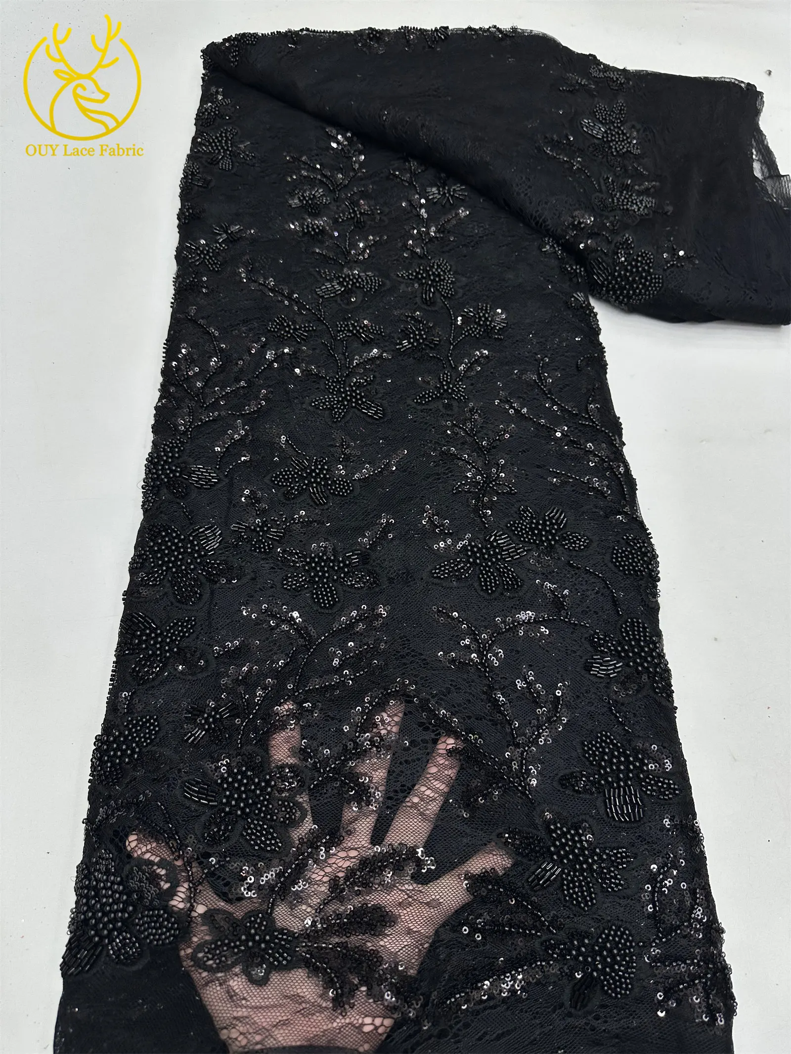 Afrikanischer Bräutigam Bestickter Pailletten-Spitzenstoff 2026 Luxuriöser Marineblauer Französischer Perlen-Spitzenstoff für Braut-Hochzeitskleider und Partykleider zum Nähen – Detail 25