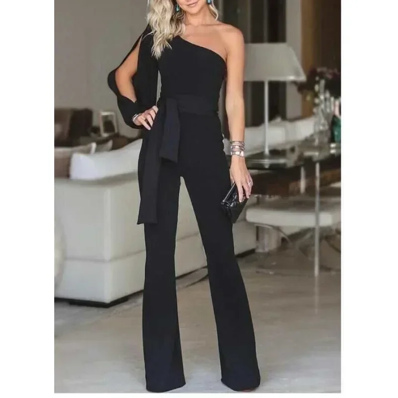 New women\'s single shoulder high waistband solid color slim fit sexy jumpsuit fashionable and versatile