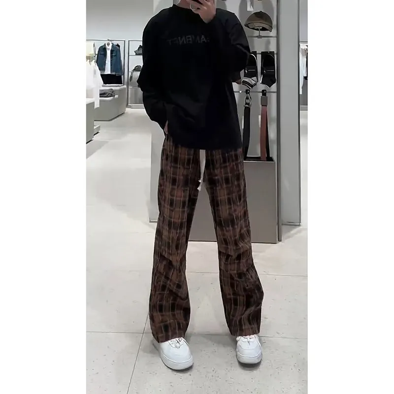 

American Retro i Plaid Men's Casual Pants Spring Autumn Drapey Leg Loose Straight Casual Trousers Trendy Brand Large Size