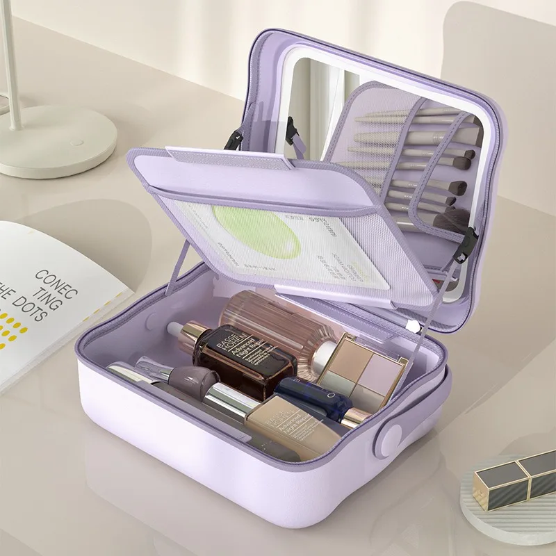 

Косметичка с лампой, зеркалом, многослойная многофункциональная сумка для хранения косметики и портативная косметичка для путешествий