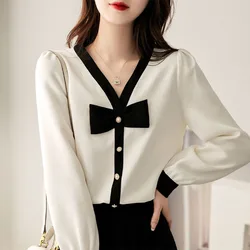 Women Clothing Fashion Chic Chiffon Top Spring Autumn Bow Popular Long Sleeve Blouse Office Lady Elegant Loose Pullover