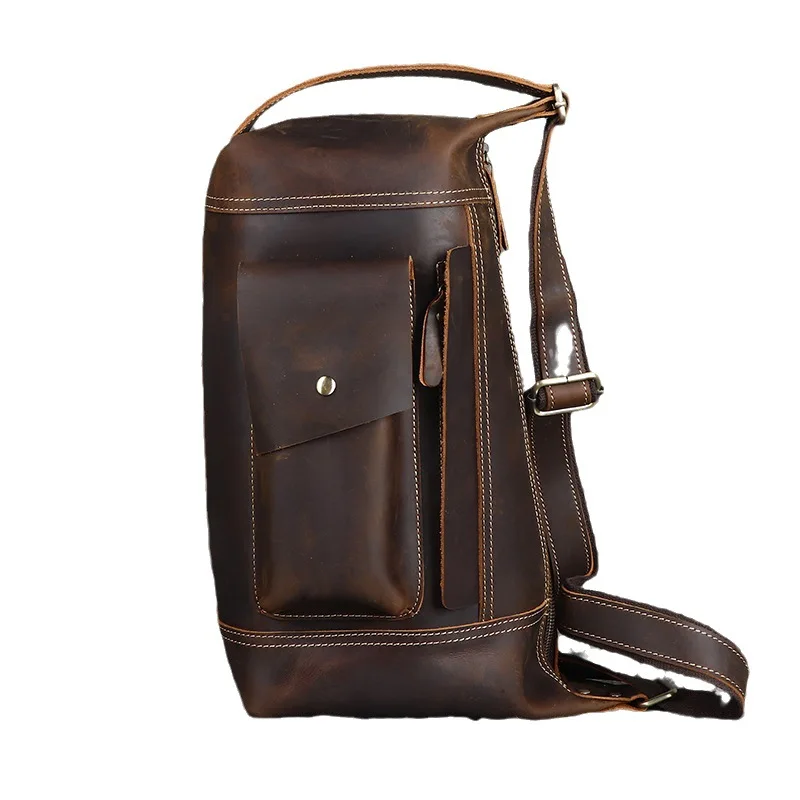 YH3230 Crazy Horse Head Layered Leather Men's Vertical Cross Bag Multi functional Retro Thick Leather Shoulder Bag