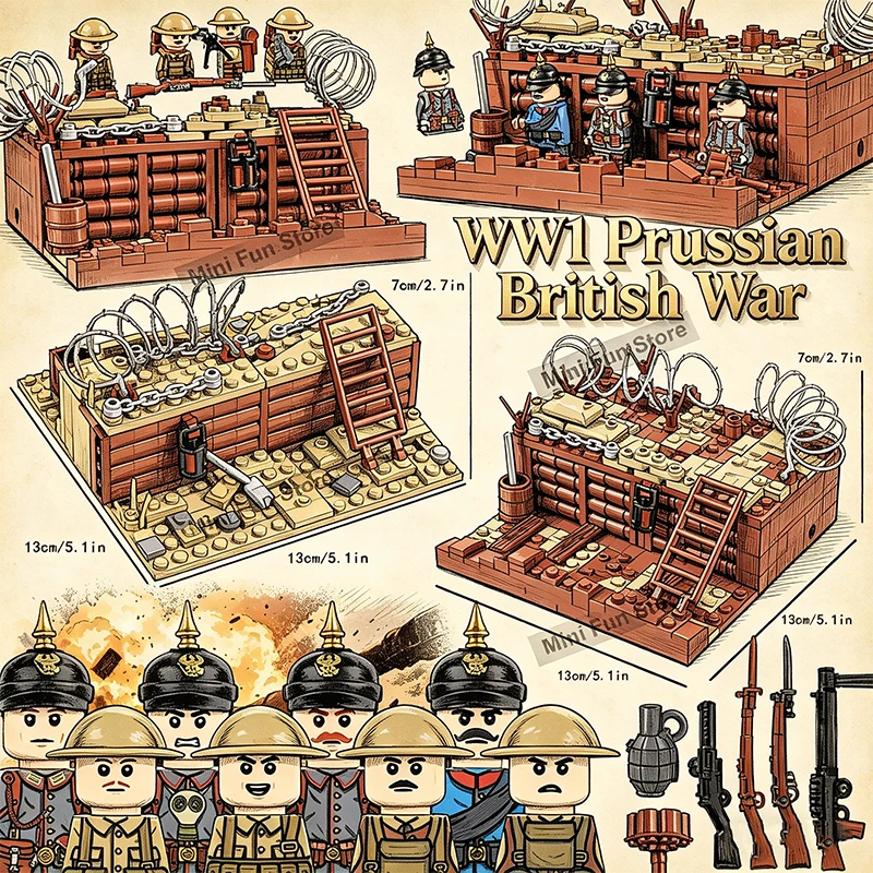 MOC WW1 Military Trench Battlefield Position Building Blocks Prussian British Soldiers Army War Scene Model DIY Bricks Toy Gifts