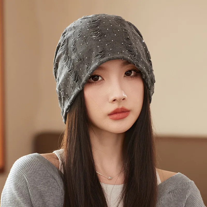 Winter mützen Frauen Mütze Headwrap glänzenden Punkt gebrochenes Loch Baggy Cap koreanischen Stil Modedesign Damen Mützen