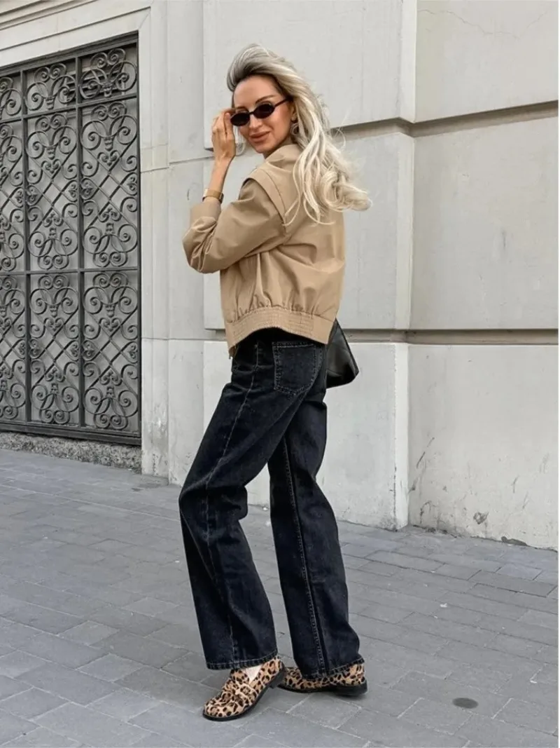 

Винтажная свободная куртка для женщин, модное однобортное пальто с карманами на молнии, весна 2024, новая повседневная шикарная верхняя одежда с отложным воротником