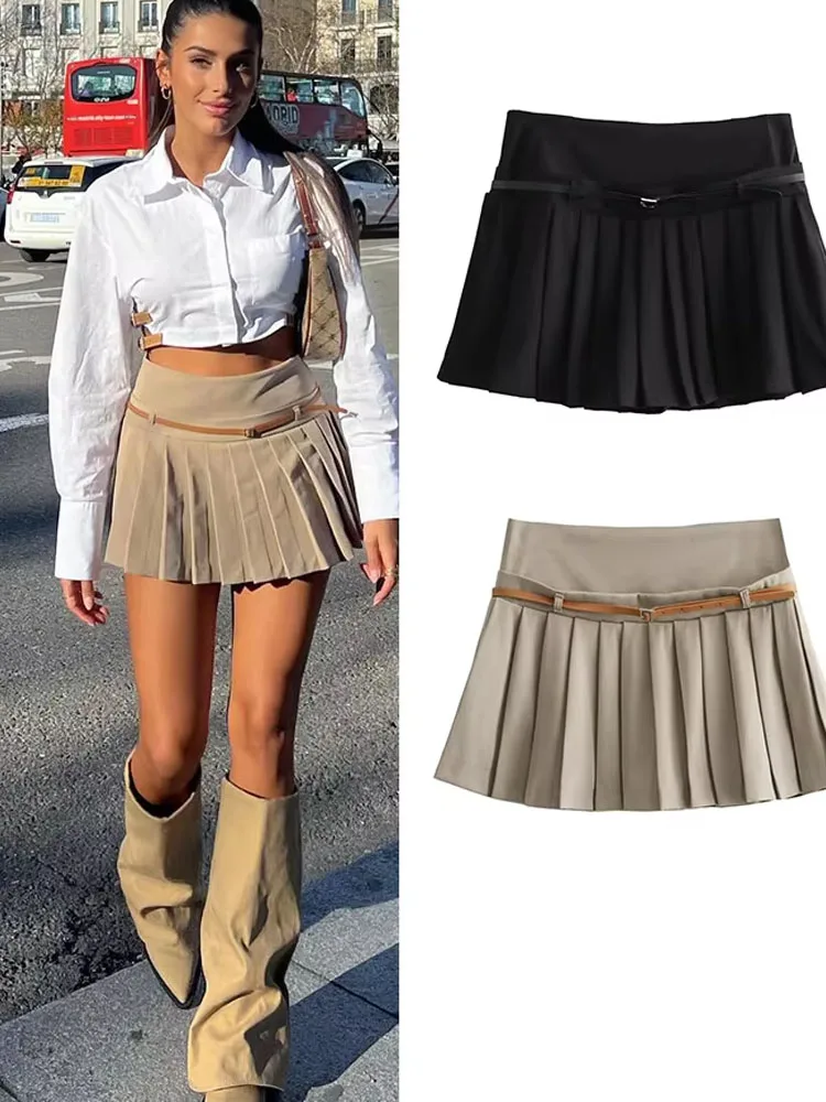 

2024 Woman's Fashion Khaki Pleated Skirts With Belt Skirts Solid Shorts Skirt Versatile Y2k Streetwear Roupa De Mujer