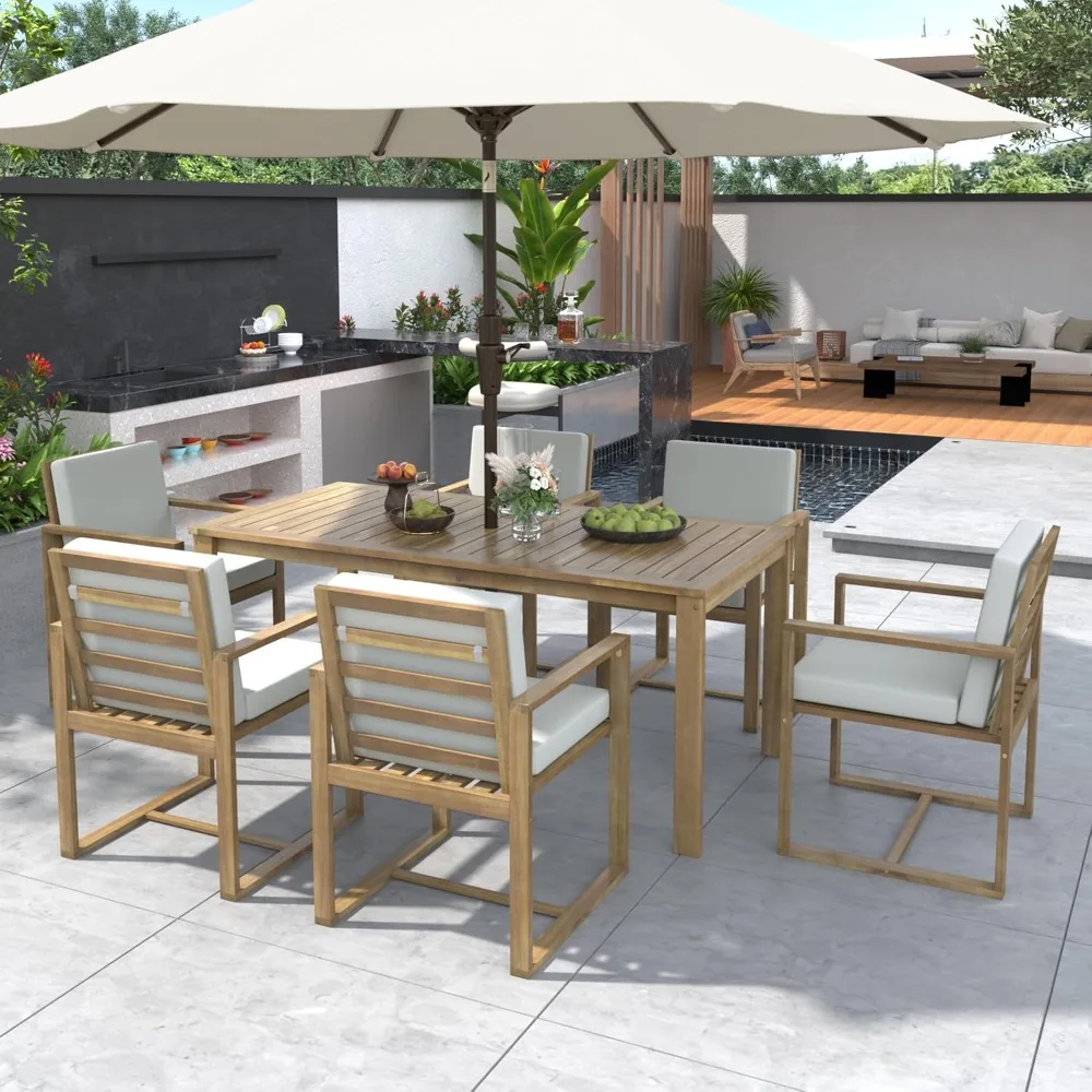 

7 Pcs Patio Dining Set Outdoor Kitchen Dining Table and Chair Set for 6 with and Removable Cushions for Patio, Backyard, Garden,