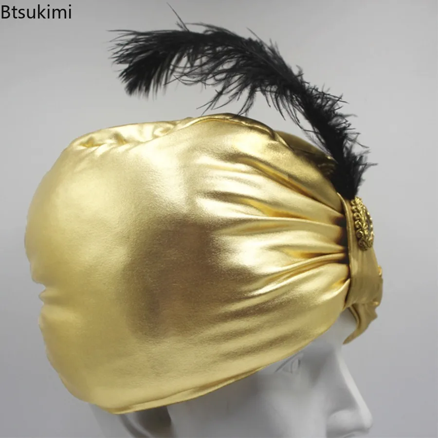 Gold Sultan Turban Hat Feather Elegant Arab Indian Head Wrap Men Women Cosplay Theme Party Stage Performance Costume Accessory