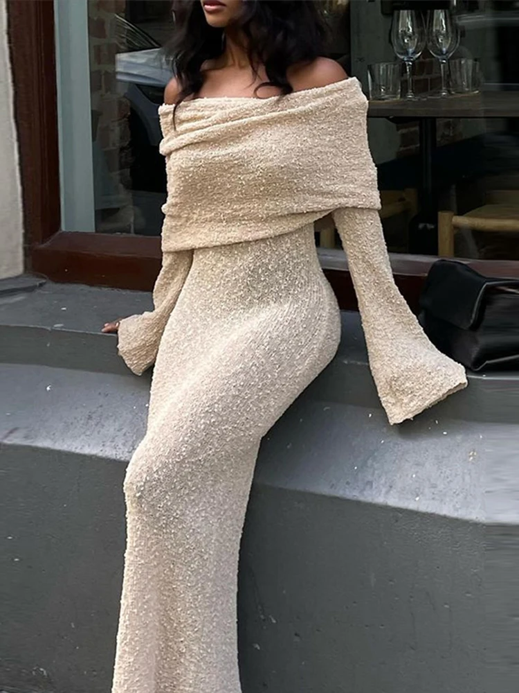 Knitted Hollow Out Women Dresses Off The Shoulder Solid Lady Maxi Dress 2024 Slim Sexy See Through Summer Female Vestidos