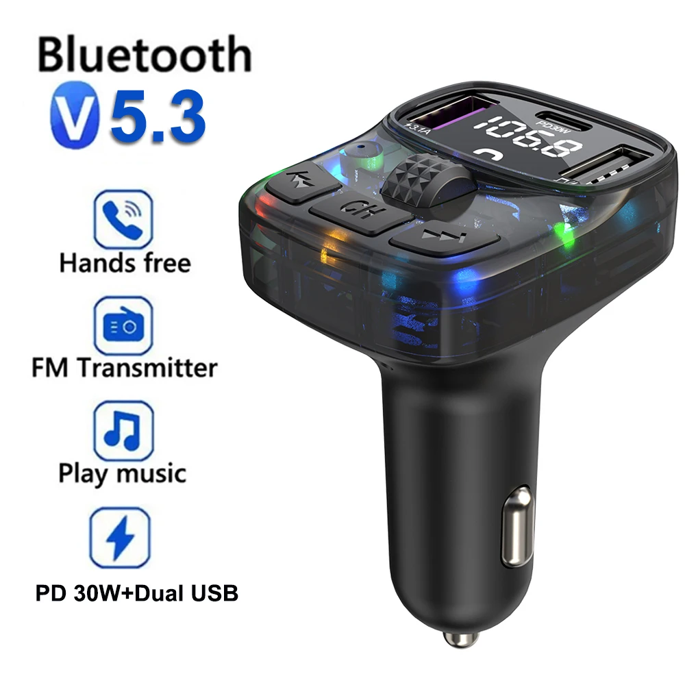 

Car FM Transmitter 30W PD Type C Dual USB Fast Car Charge Ambient Light Bluetooth 5.3 Handsfree MP3 Player Car FM Modulator