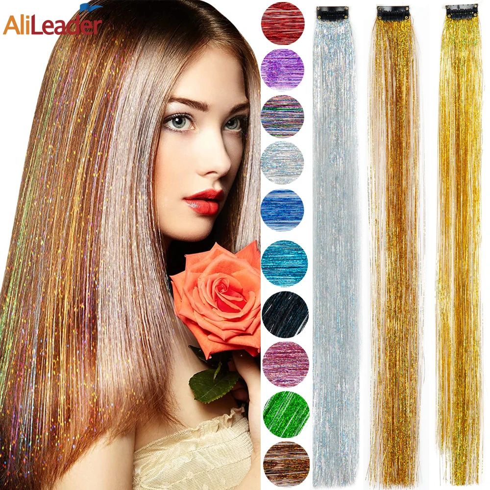 Shining Gold Tinsel Hair Extensions 19.5 Inches Hair Tinsel Glitter Hair Extensions For Women Girls Hair Accessories For Gifts