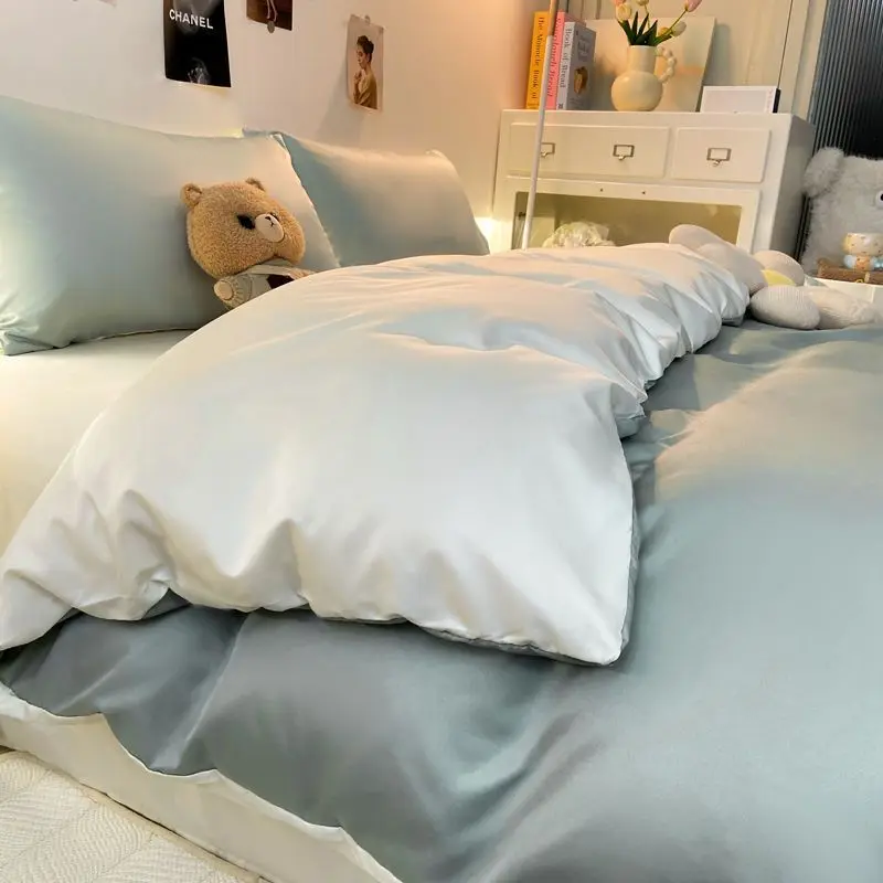 

Luxury Washed Silk Bedding Set, Summer Cooling Ice Silk Duvet Cover & Sheets, Student Dorm 3/4 Piece Bed Linen