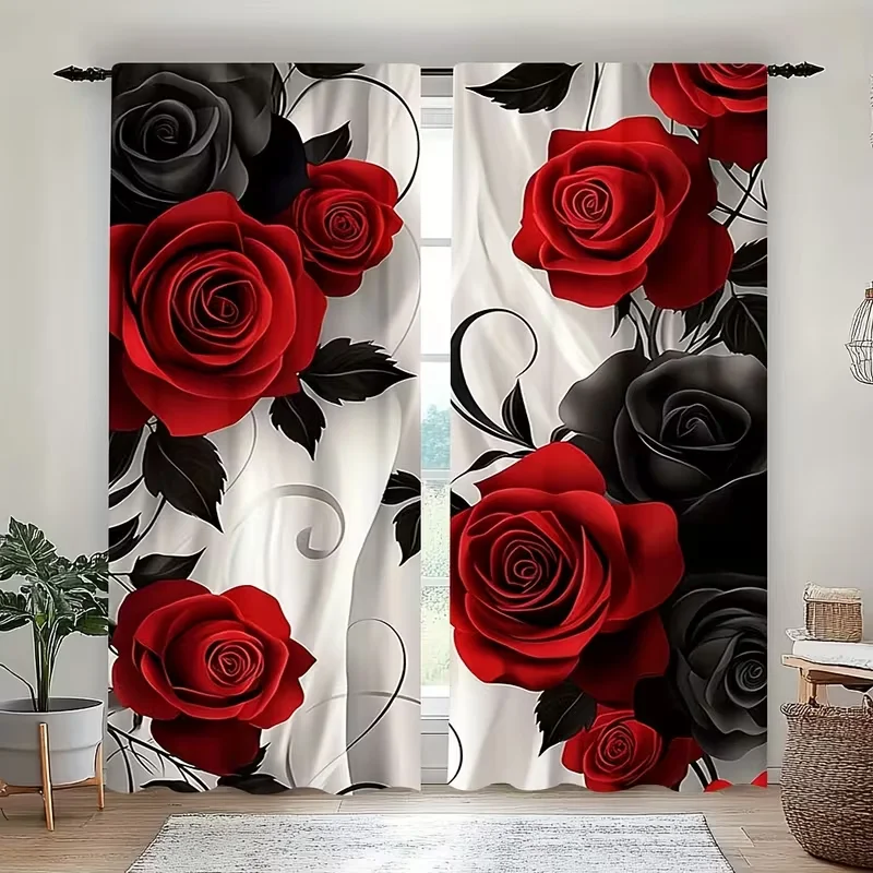 2PC Red Black Rose Curtains 3D Print Light Filtering Drapes Gothic Romantic Home Decor for Bedrooms and  Living Rooms