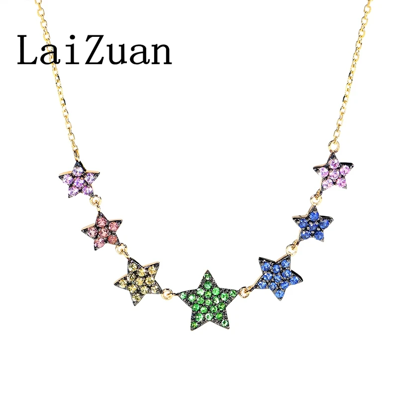 LaiZuan Solid 18k Yellow Gold Colorful Gemstone Star Necklace Women Gemstone Pendant Clavicle Chain High Quality Vintage Jewelry