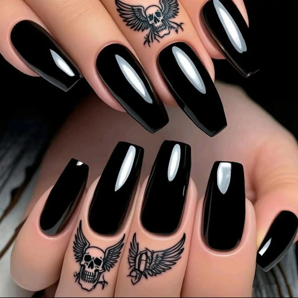 

48Pcs Shiny Black Press On Fake Nails With Jelly Glue Short Ballerina Coffin False Nails Artificial Finger Manicure Tool