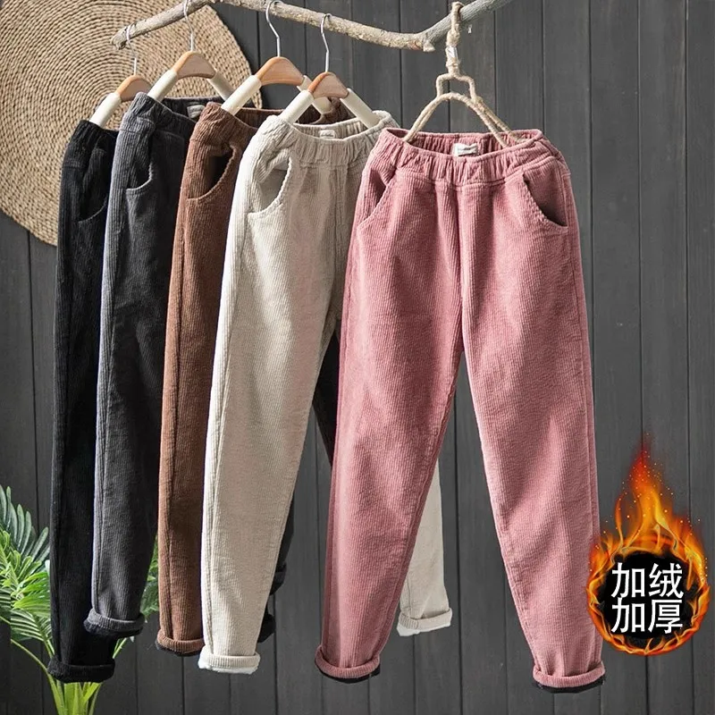 Winter New Fashion Solid Color Elastic Waist Trousers Women Thick Thick Casual Loose Pocket Patchwork All-match Corduroy Pants