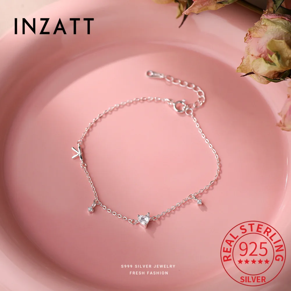 

INZATT Real 925 Sterling Silver Zircon Heart Bowknot Charm Bracelet for Women Fine Jewelry Exquisite Light Luxury Accessories