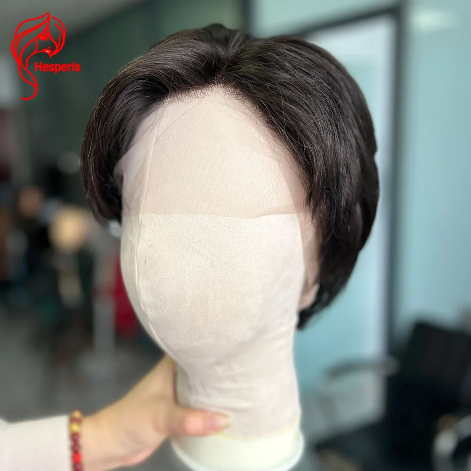 Hesperis Natural Color Full Lace Wig For Men Short Cut Human Hair Wigs Pre Styled Transparent Full Lace Male Wigs Side Bangs