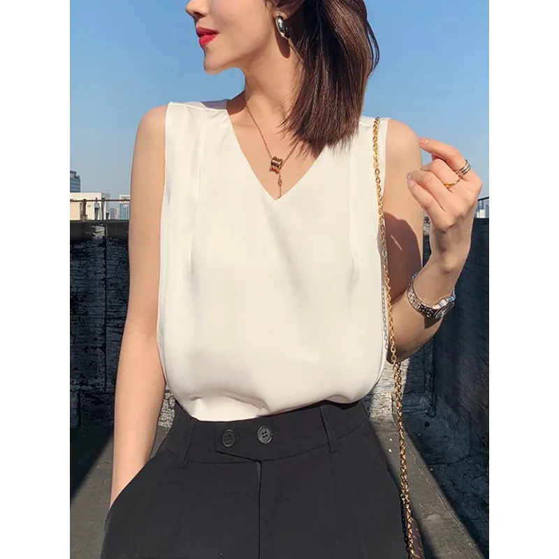 

Women's Summer Blouse Oversize V Neck Silk Satin Blouse Sleeveless Office Elegant Tunic White Shirt Beautiful Blouses for Women