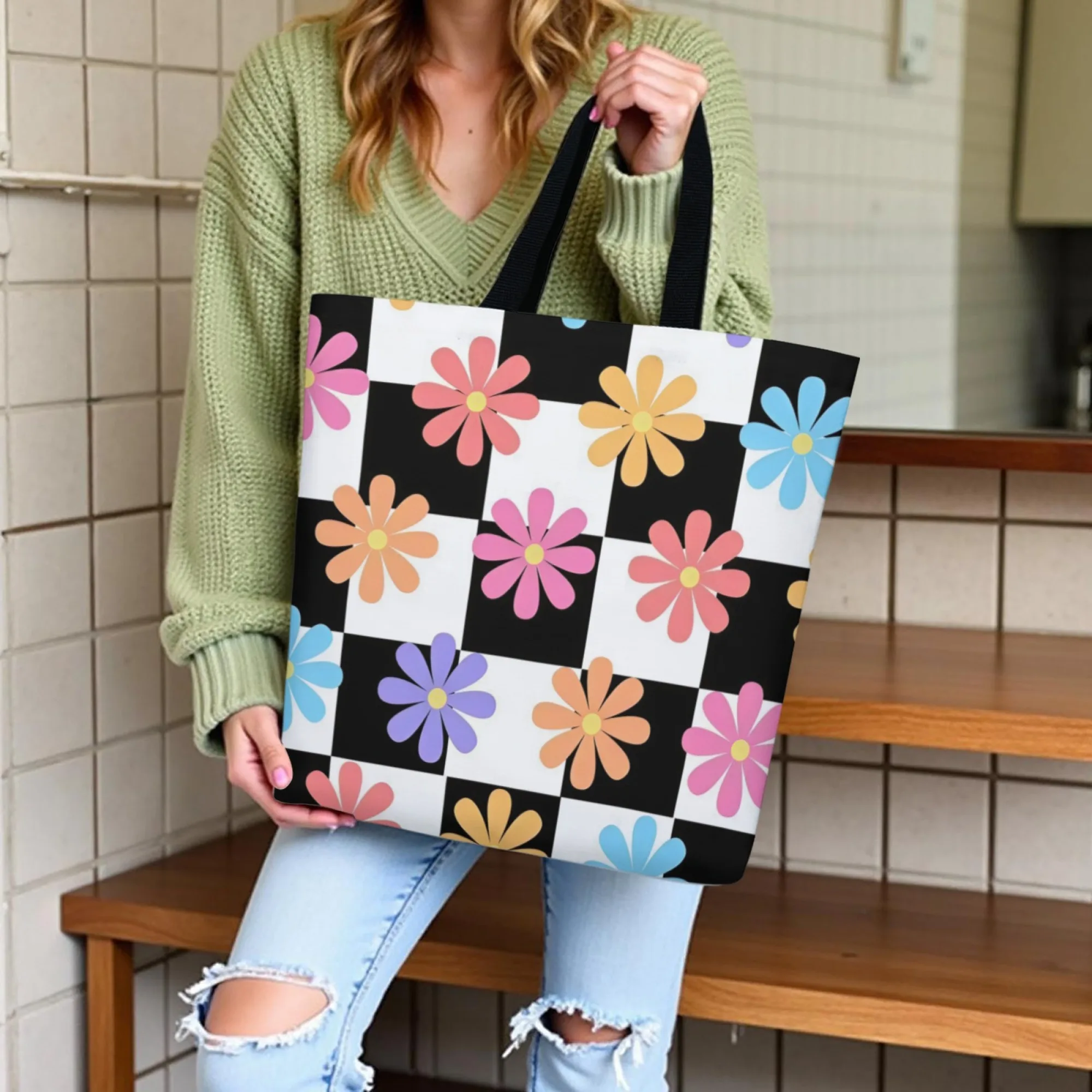 Retro Pop Art Checkerboard Colorful Daisy Canvas Women's Tote Bag Black White Vibrant Bright for Studying Traveling Shoulder Bag