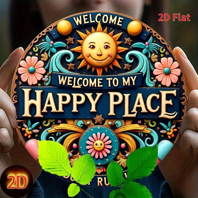 2D Flat Printing, 1pc, Vintage Round Iron Sign - Welcome to My Happy Place, Do Not Ruin It, Suitable for Patio, Porch, Garage, W