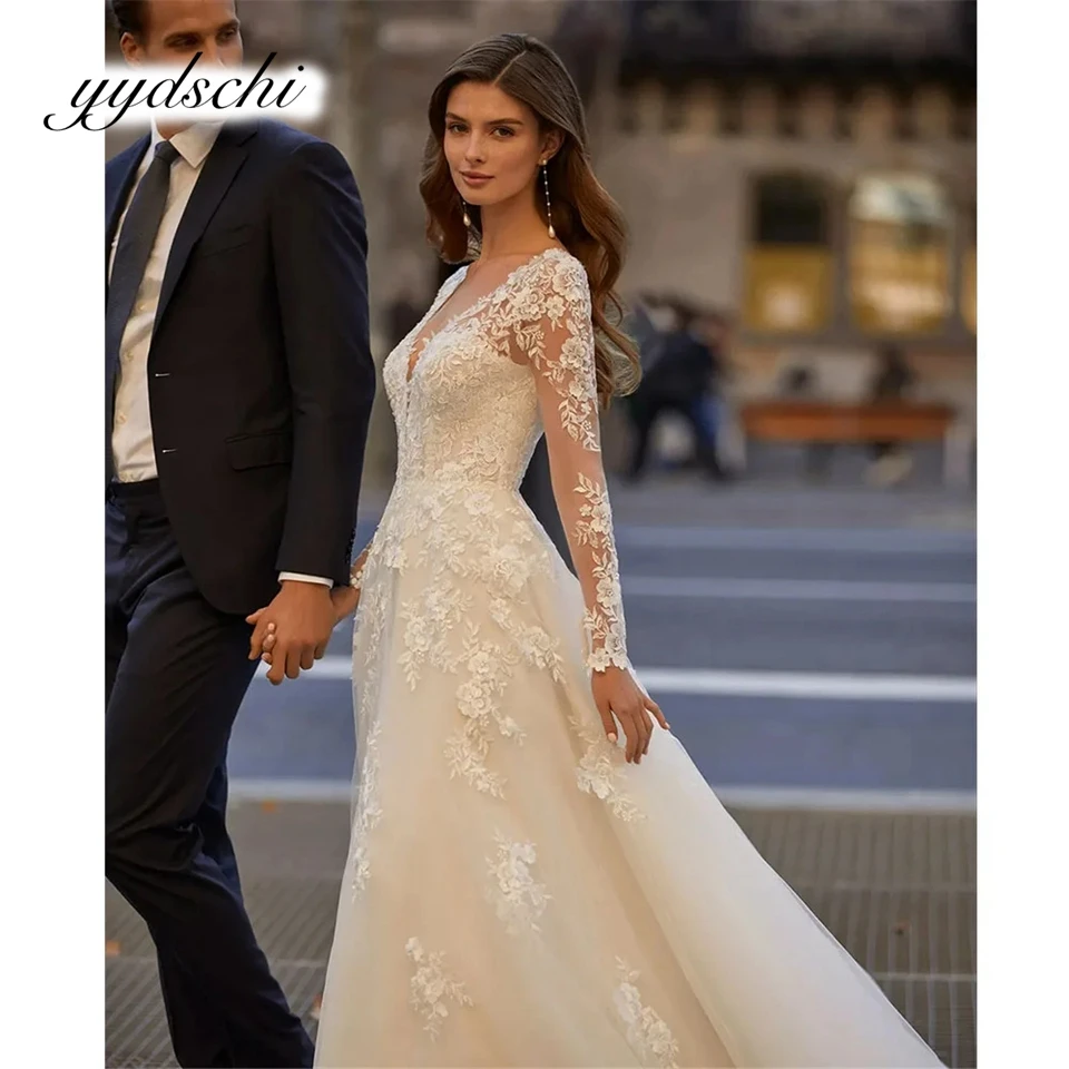 

Elegant Appliques Lace Tulle Deep V-Neck A-line Wedding Dresses For Women 2024 Court Train Bride Gown vestidos de novia