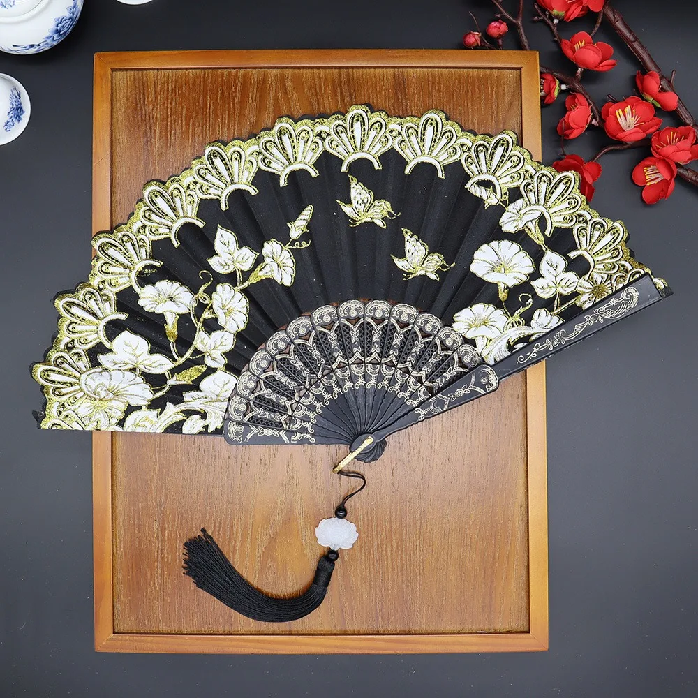 

Exquisite Handheld Chinese Style Folding Fan Lace Plastic Handle Decorative Fan with Fan Ring Vintage Folding Fan Ladies Gift