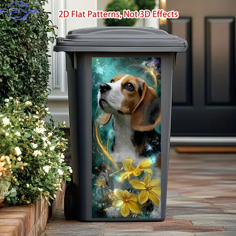Beagle and Blooms Self-Adhesive Sticker - Cute Beagle Dog & Flower Pot PVC Decal Suitable for Outdoor Trash Cans, Walls, Kitch