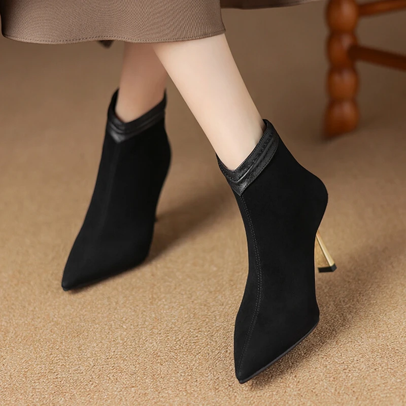 NEW Autumn Women Boots Sheep Suede Leather Shoes for Women Pointed Toe Thin Heel Ankle Boots High Heel Shoes Solid Modern Boots