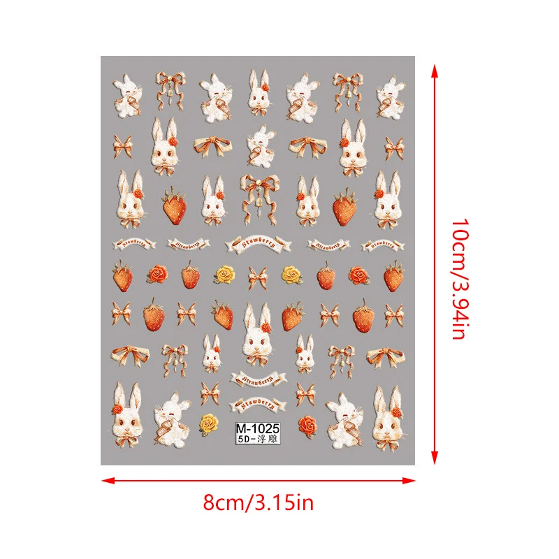 Lovely Strawberry Rabbit Nail Art Sticker Cartoon 3D Embossed Self Adhesive Nail Art Decoration Stickers 3D Manicure Decal Salon