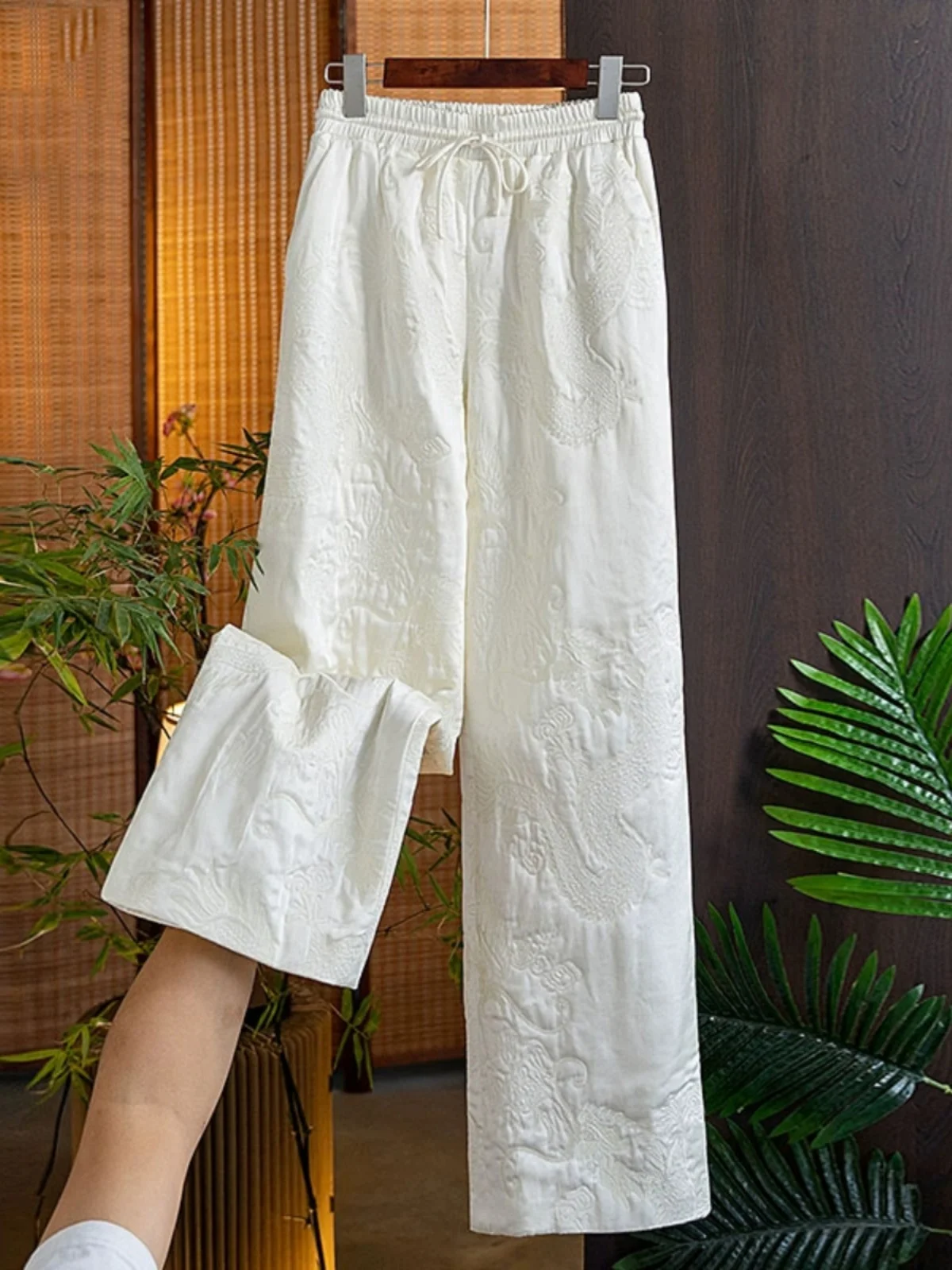 Thiened pantalones de algodón de pierna recta de cintura alta para mujer Otoño Invierno Faion chino Sle Vintage pantalones de pierna ancha bordados