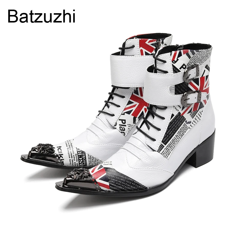 

Batzuzhi Punk Men's Shoes Boots with Metal Toe White Leather Ankle Boots Man 6.5cm Heels Buckles Motorcycle/Party Botas Hombre