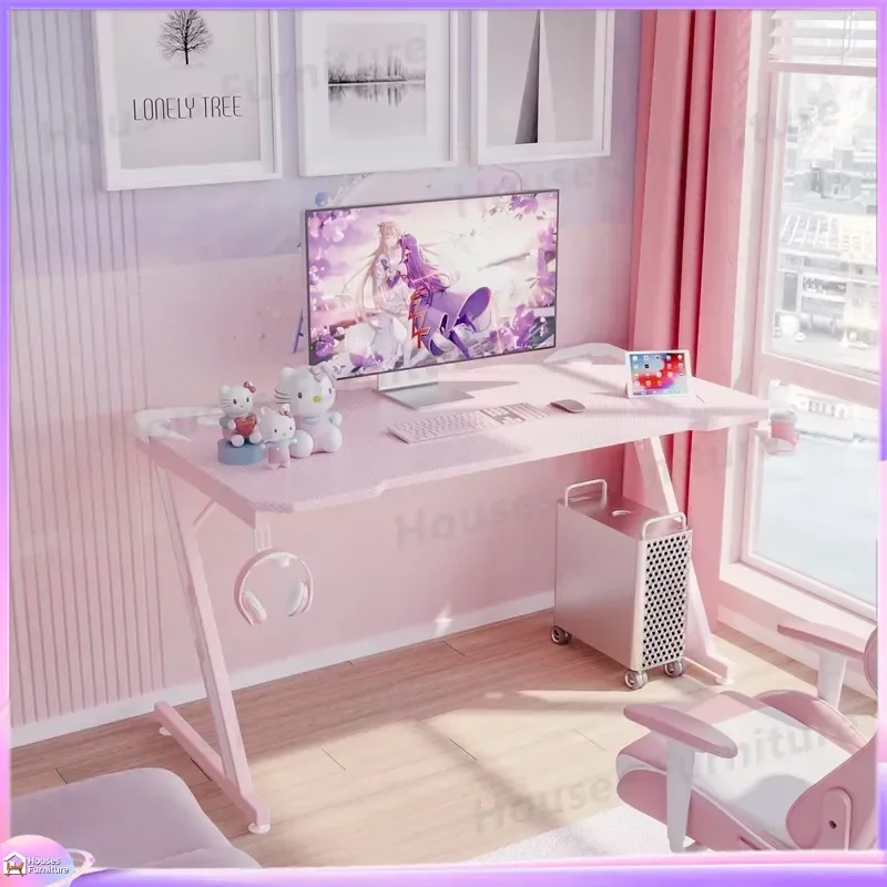 Z Shaped Gaming Desk for PC Setup Large Modern Computer Desk with Cable Management Adjustable Height Pink Esports Desk for