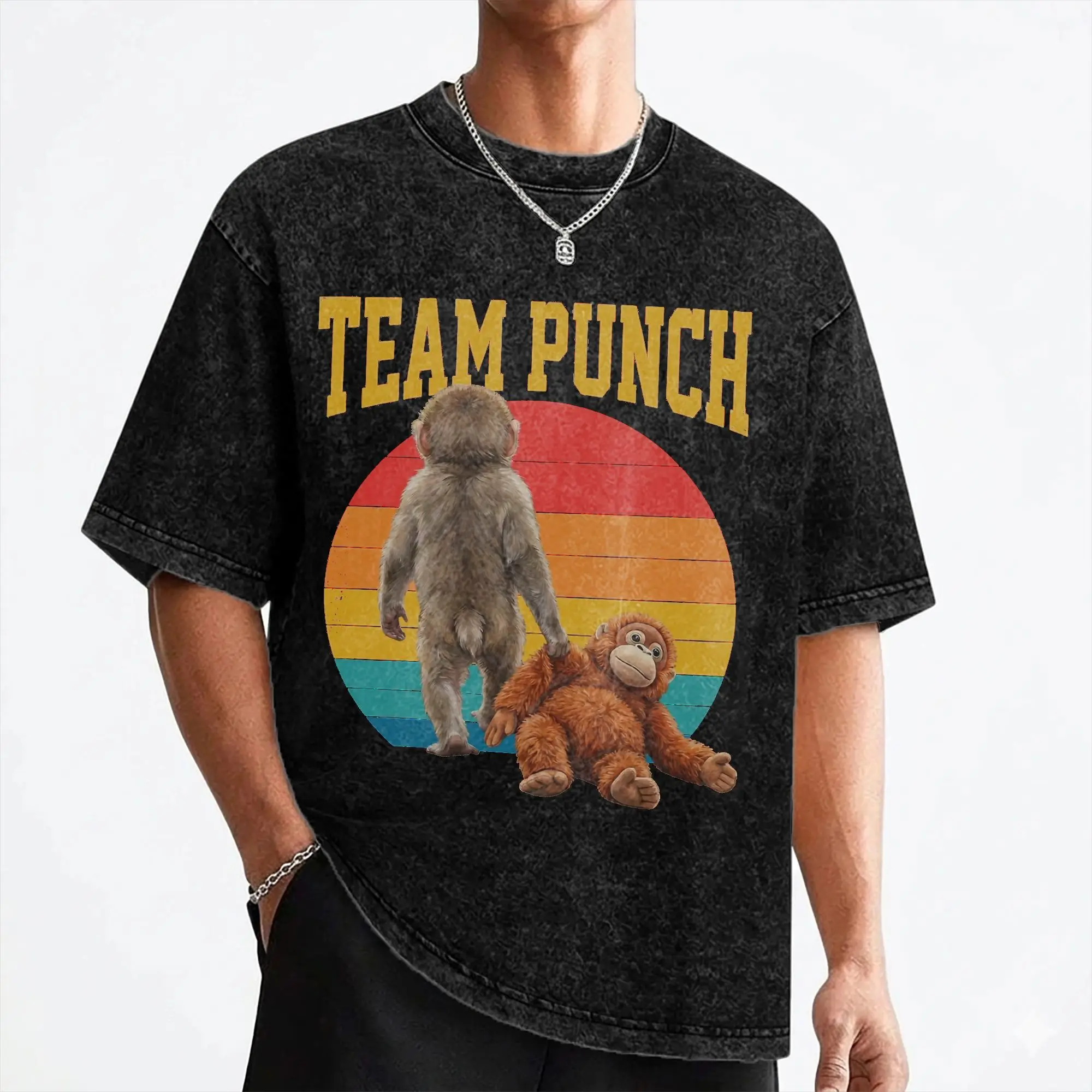 Punch Baby Monkey T Shirts Washed Short Sleeve Oversize T-Shirt  Cool for Men Women Streetwear Summer Tops Tees