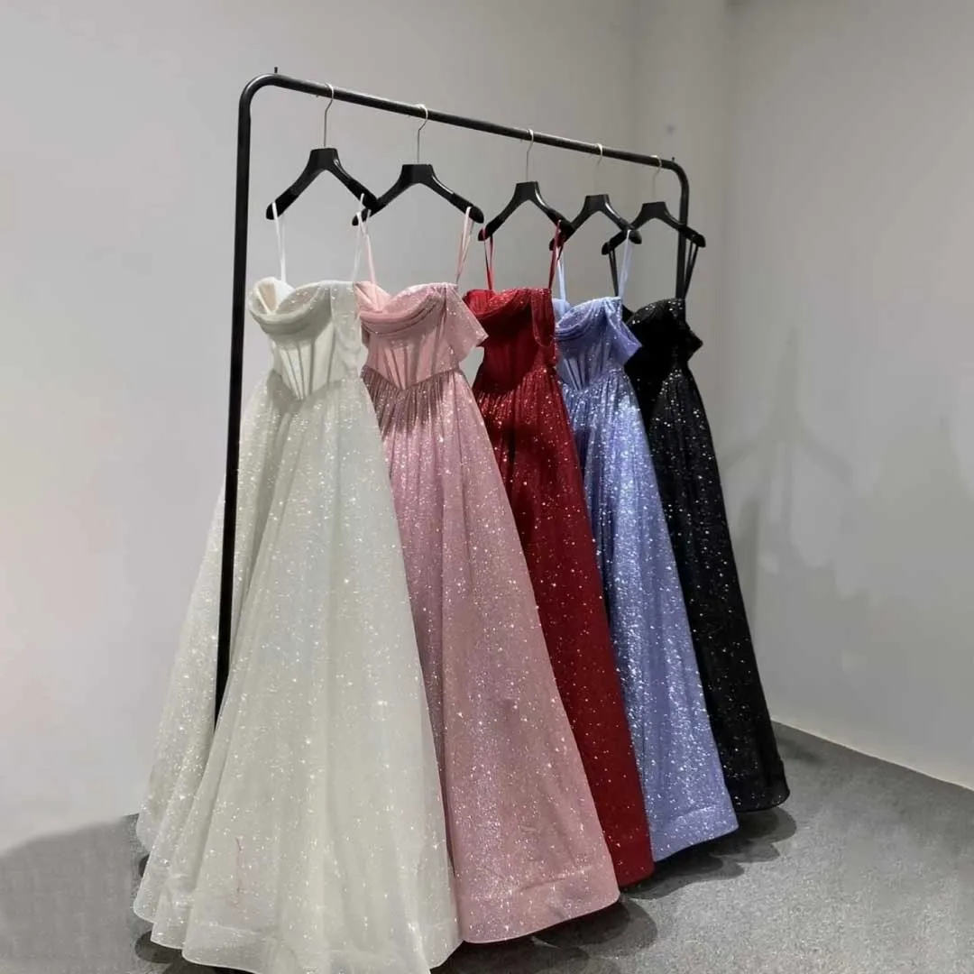 Glitter Off the Shoulder Tulle Evening Dresses Boat-neck A-line Ruched Plain Prom Dress Luxurious Long Formal Party Ball Gowns image 6