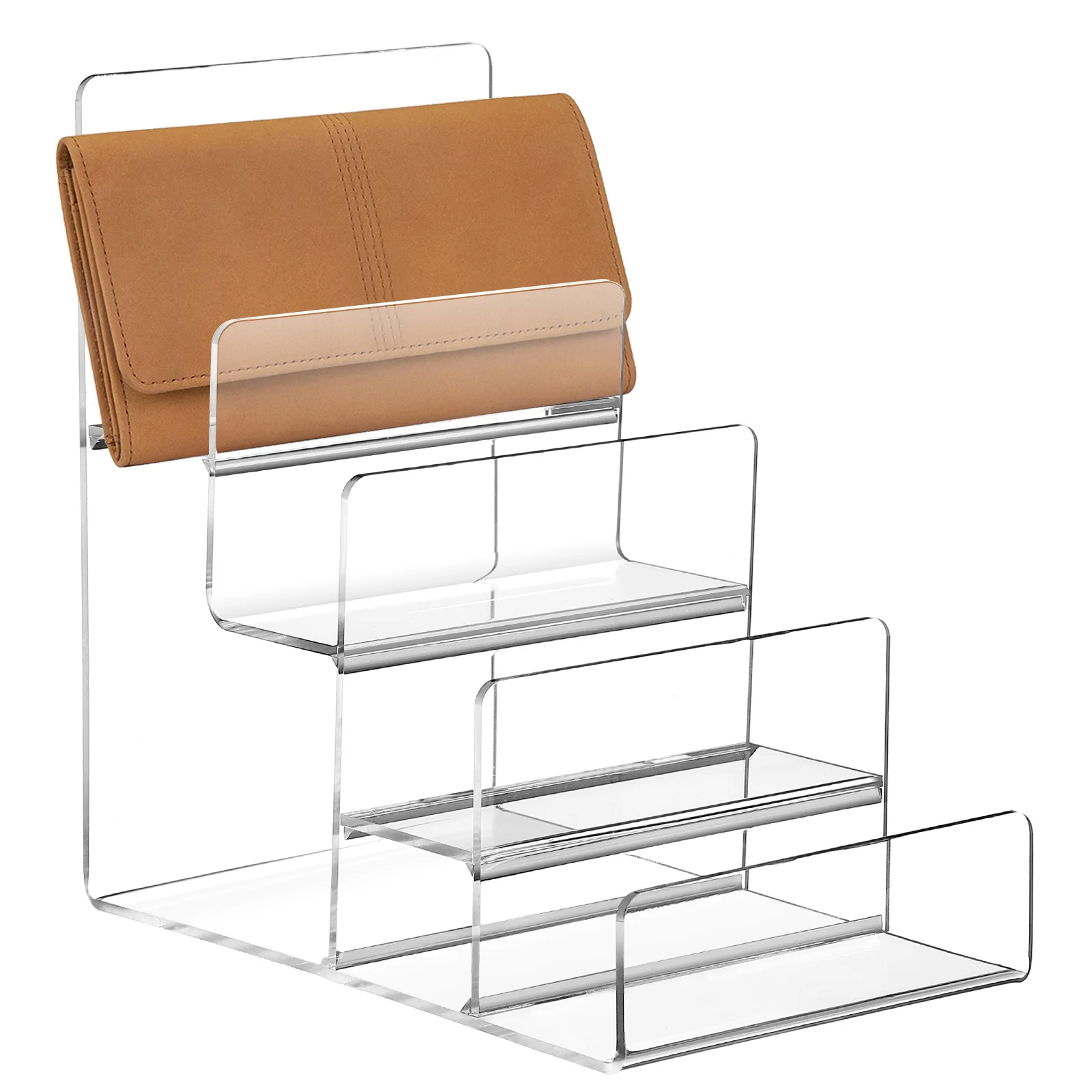 

Trapezoid Display Stand Clear Shelf Shelves Wallet Holder Acrylic Storage Rack Purse Riser Wooden