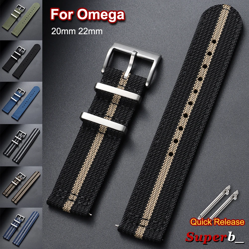 20mm 22mm Ribbed Nylon Strap for Tudor for Omega Woven Canvas Fabric Watch Band Men Black Military Sport Quick Release Bracelet