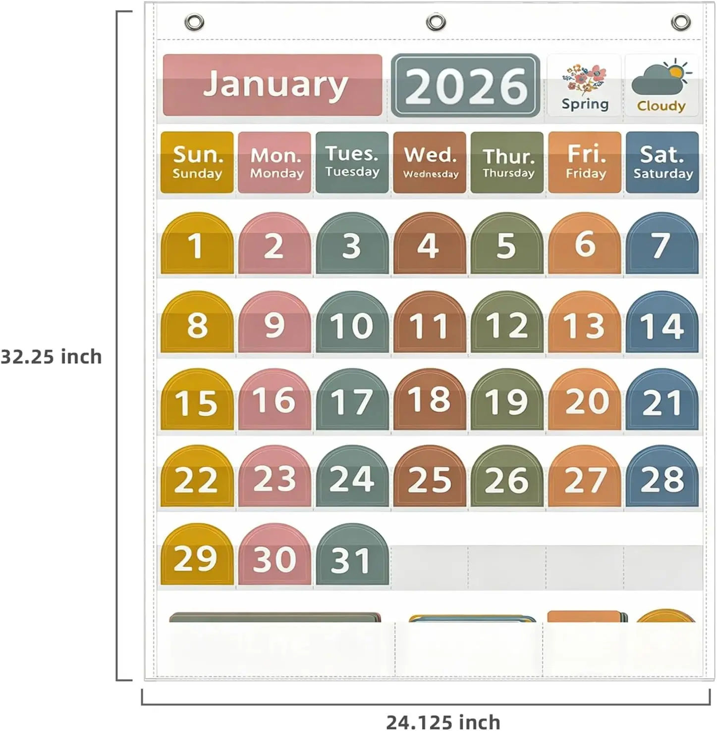 Gráfico de bolsillo grande para calendario de aula con 96 tarjetas Gráfico de bolsillo meteorológico mensual blanco para aprendizaje de niños