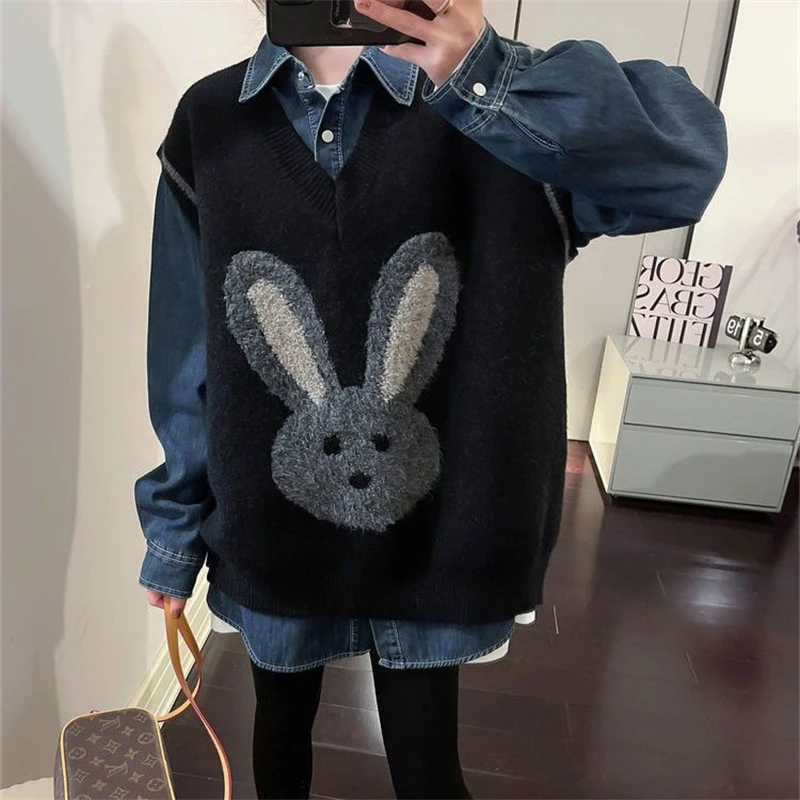 Women's Trendy Kawaii Cartoon Streetwear Harajuku Oversized Outewear Knitted Sweater Vest Y2K Casual Sleeveless V Neck Waistcoat