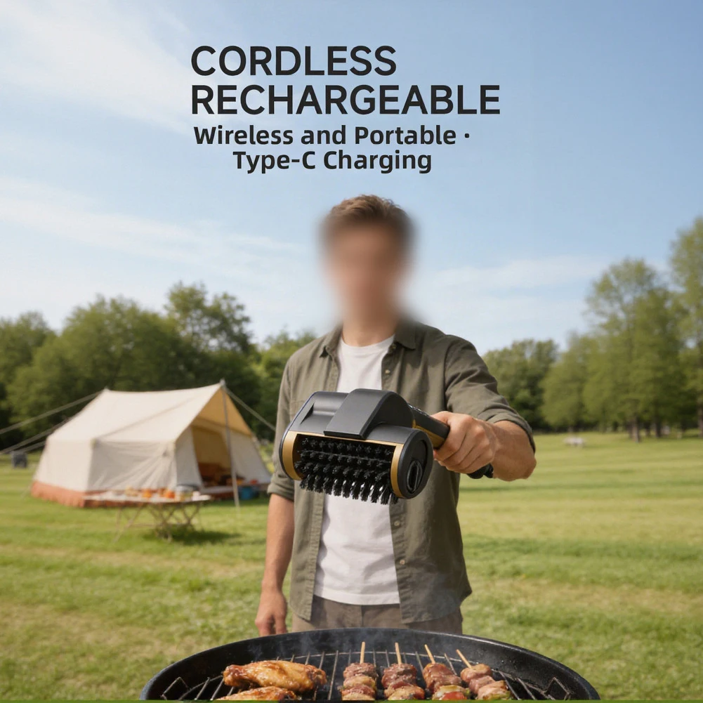 Electric Grill Brush With 3 Replaceable Head For BBQ Grates Automatic Rotating Cleaning Brush 2-Speed Cleaner Camping Tools