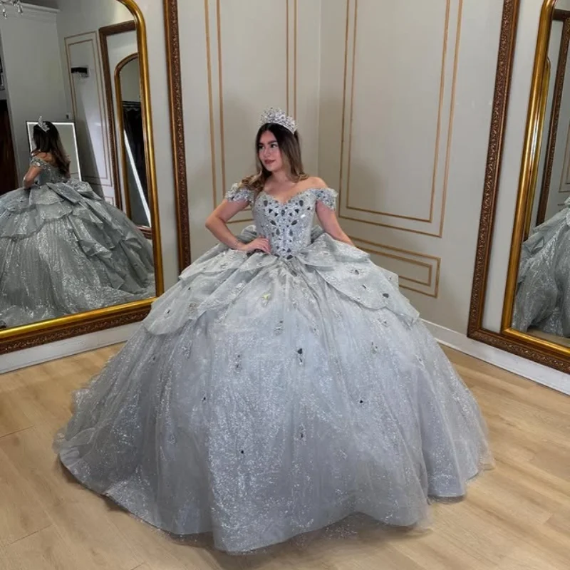 

Customized Shiny silver gray Quinceanera Dresses Off the Shoulder crystal applique layering Long tail Bow Vestido 15 Quinceanera