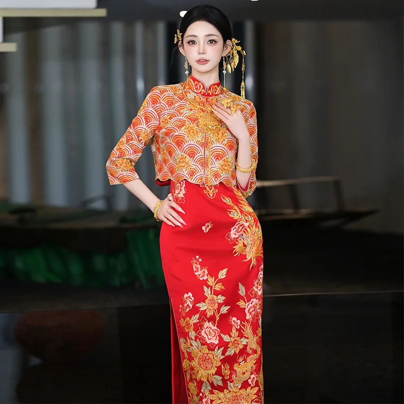 

Китайское свадебное платье 2026: Новинка, вышитое ципао, платье для тостов, наряд для церемонии Сюхэ