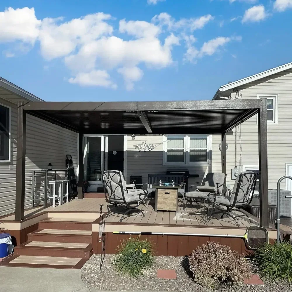 

-10 x 16 FT Outdoor Louvered Pergola with Adjustable Steel Roof, Outdoor Aluminum Frame Rainproof Pergola for Backyard, Garden