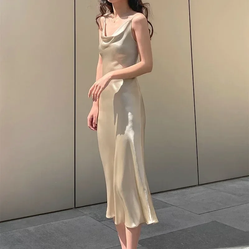 

French Long Acetate Satin Halter Neck High-End Design Sexy Strap Dress Suit Inner Wear Outerwear Dress Sleeveless Women's Wear