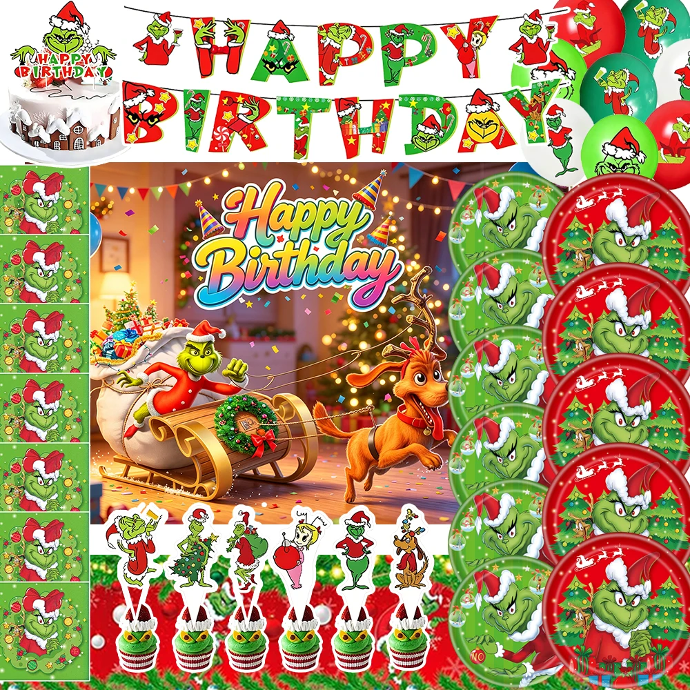 Grüne Weihnachtsmonster-Geburtstagsparty-Dekoration Hintergrundbehang Teller Luftballons Kulisse Partyzubehör Babyparty Kindergeschenke