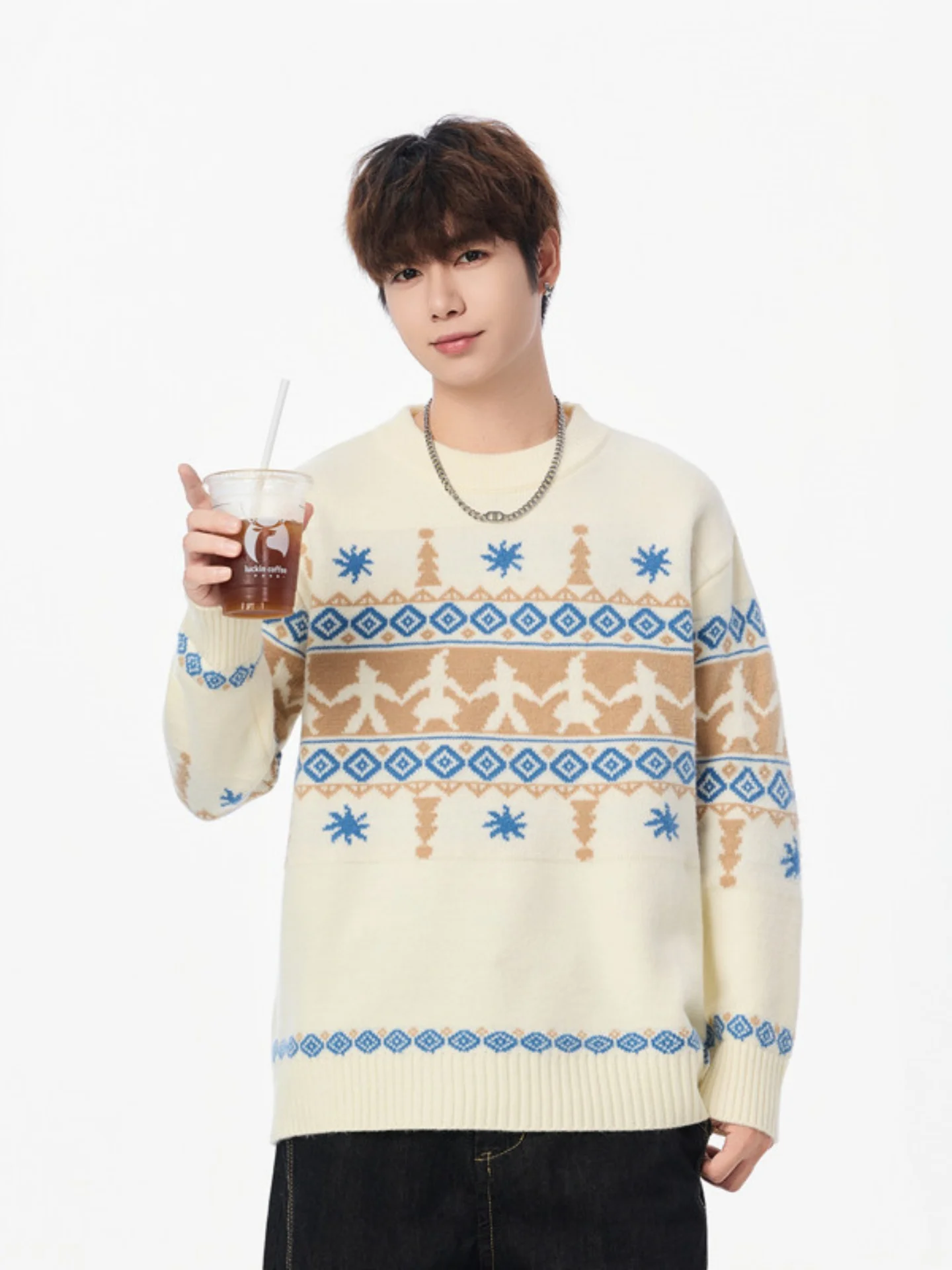 

Retro Print Loose Fit round Ne Knitwear for Men Comfortable Polyester Fiber Autumn Season Casual Sle Base Layer irt