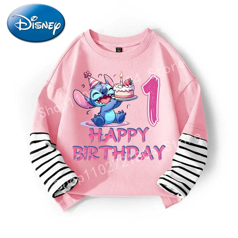 Stitch Disney Number Fake Two Pieces T-shirt Girl's Birthday Clothes Kawaii Round Neck Tees Cotton Tops Fashion Girls Clothing