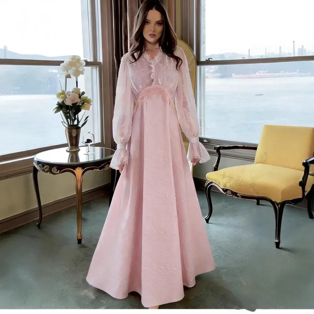 VGH Elegante Fee Jacquard Kanten Jurken voor Vrouwen V-hals Lange Mouw Gesplitst Sheer Mesh Slanke A-lijn Maxi Formele Jurk Vrouwelijke Nieuwe